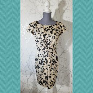 Yumi Beige Butterfly Print Pleated Sheath Dress